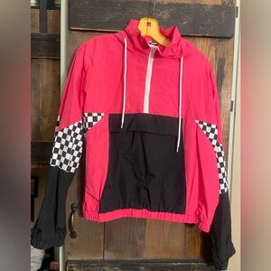Rue 21 womens large  Pink and Black check race square quarter zip jacket